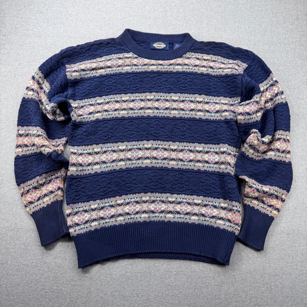 Vintage 80s Towncraft Textured Knit Sweater Mens M Navy Pastel Geometric Striped
